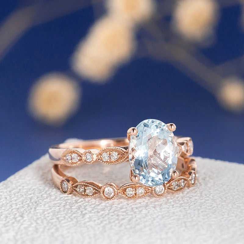 AYLA | 2 Carat Oval Cut Aquamarine Moissanite Bridal Set Engagement Ring