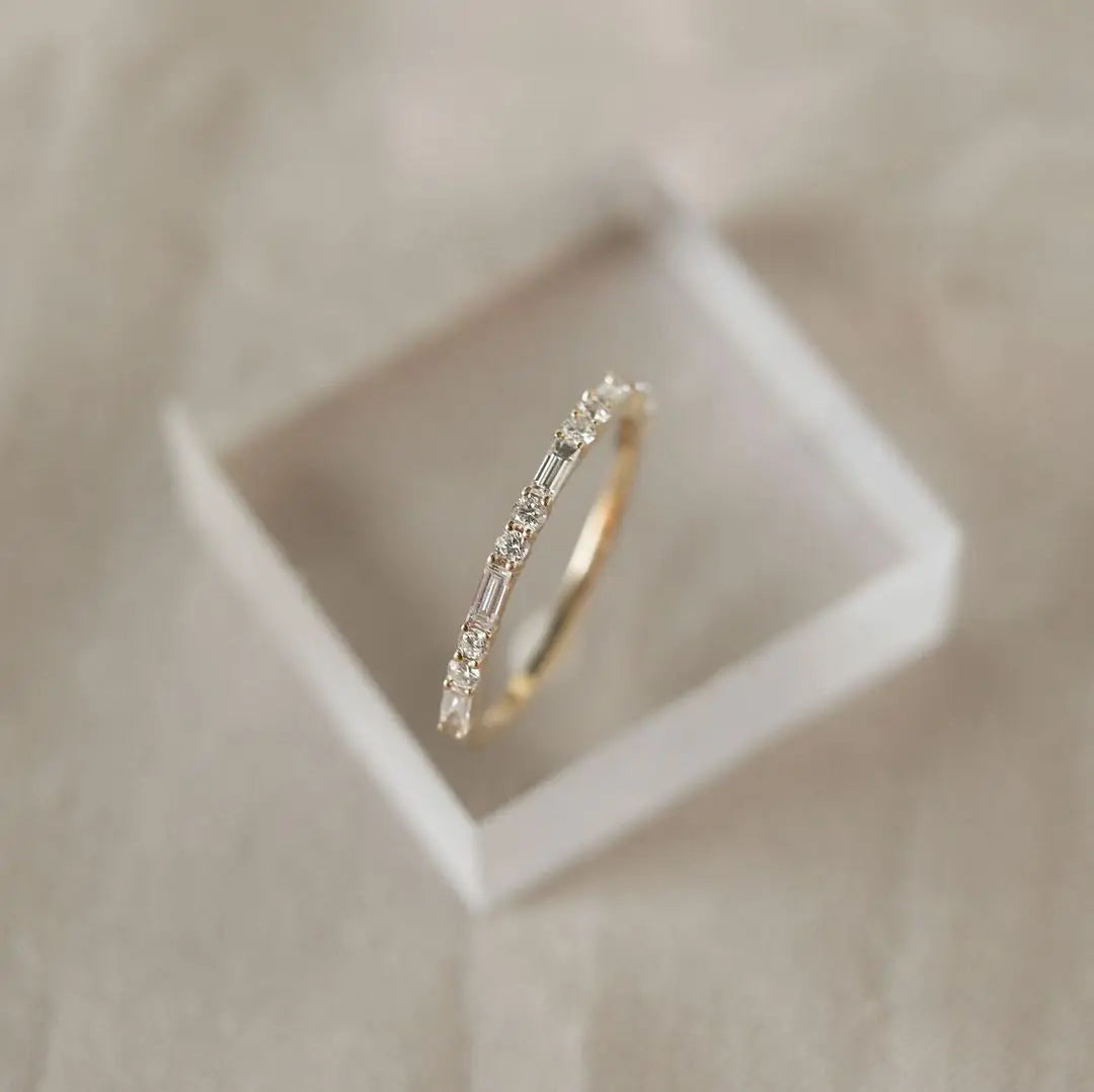 LIVA | Elongated Emerald Cut Baguette Moissanite Band | Half Eternity Ring