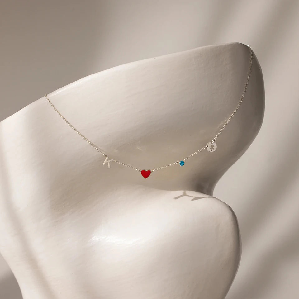Custom Initial Heart Necklace with Birthstone and Zodiac Sign