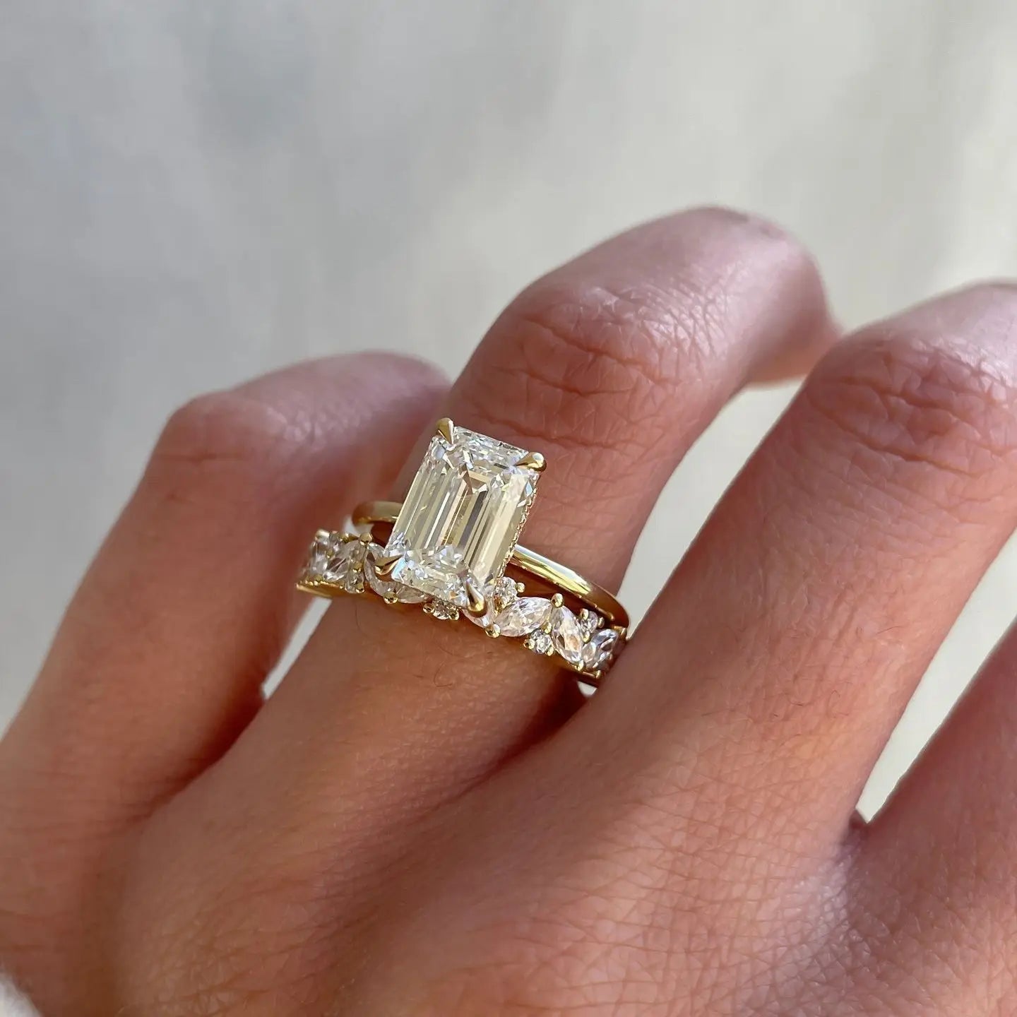 Bridal Set - Emerald Cut 3 Carat Moissanite Ring with Pave Eternity Band