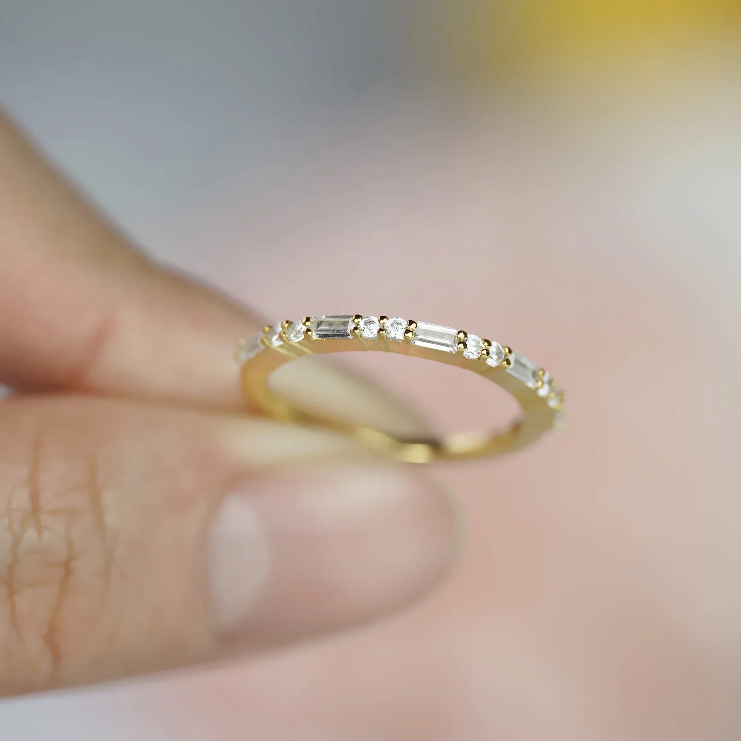 LIVA | Elongated Emerald Cut Baguette Moissanite Band | Half Eternity Ring