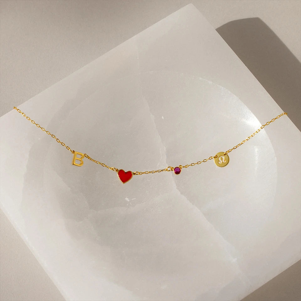 Custom Initial Heart Necklace with Birthstone and Zodiac Sign