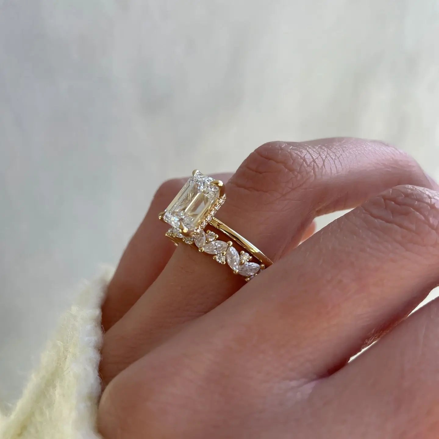 Bridal Set - Emerald Cut 3 Carat Moissanite Ring with Pave Eternity Band