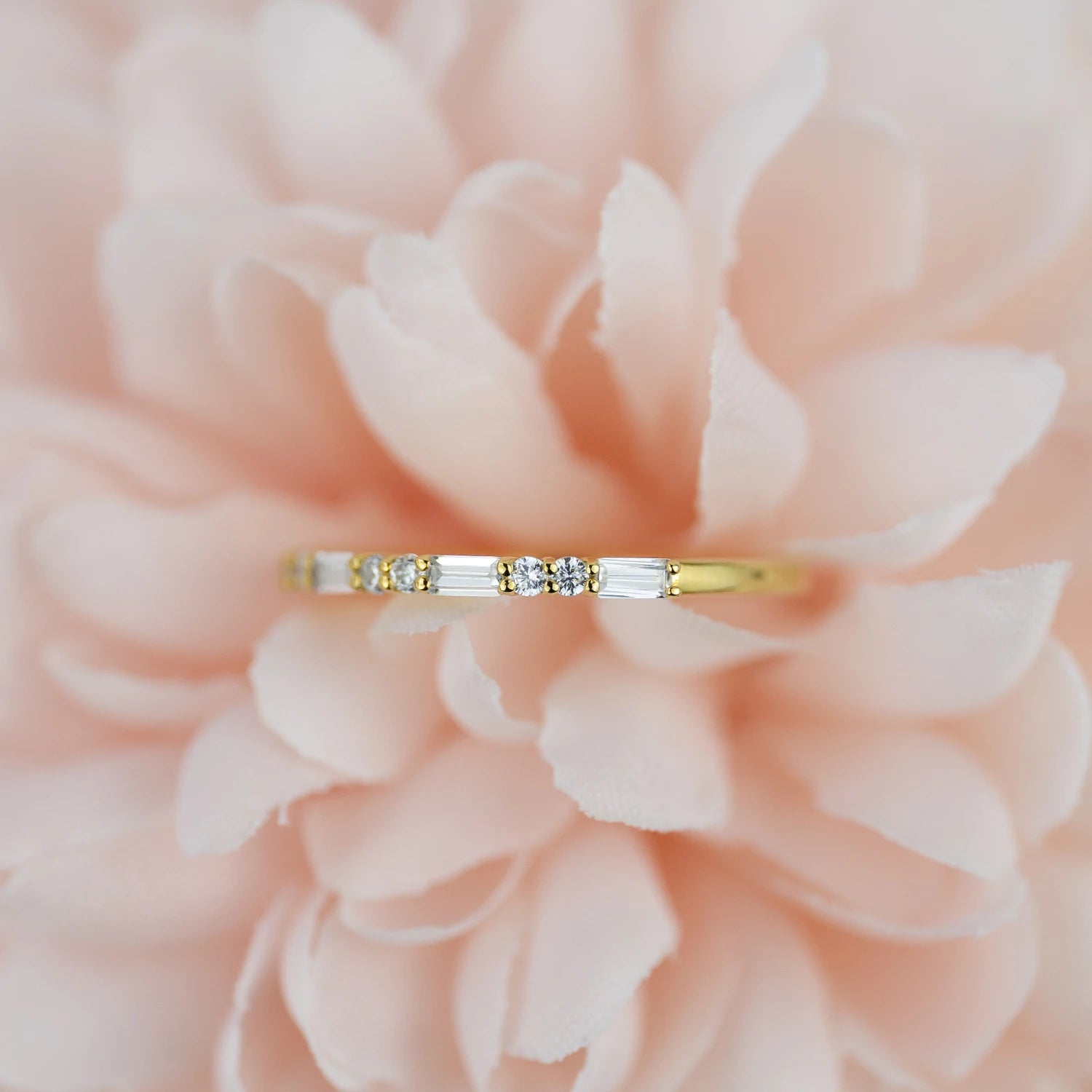 LIVA | Elongated Emerald Cut Baguette Moissanite Band | Half Eternity Ring