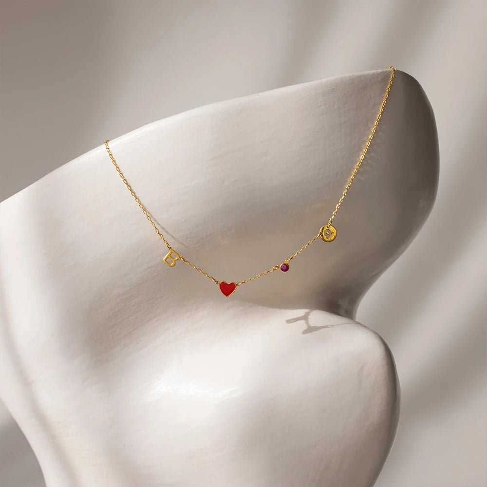 Custom Initial Heart Necklace with Birthstone and Zodiac Sign