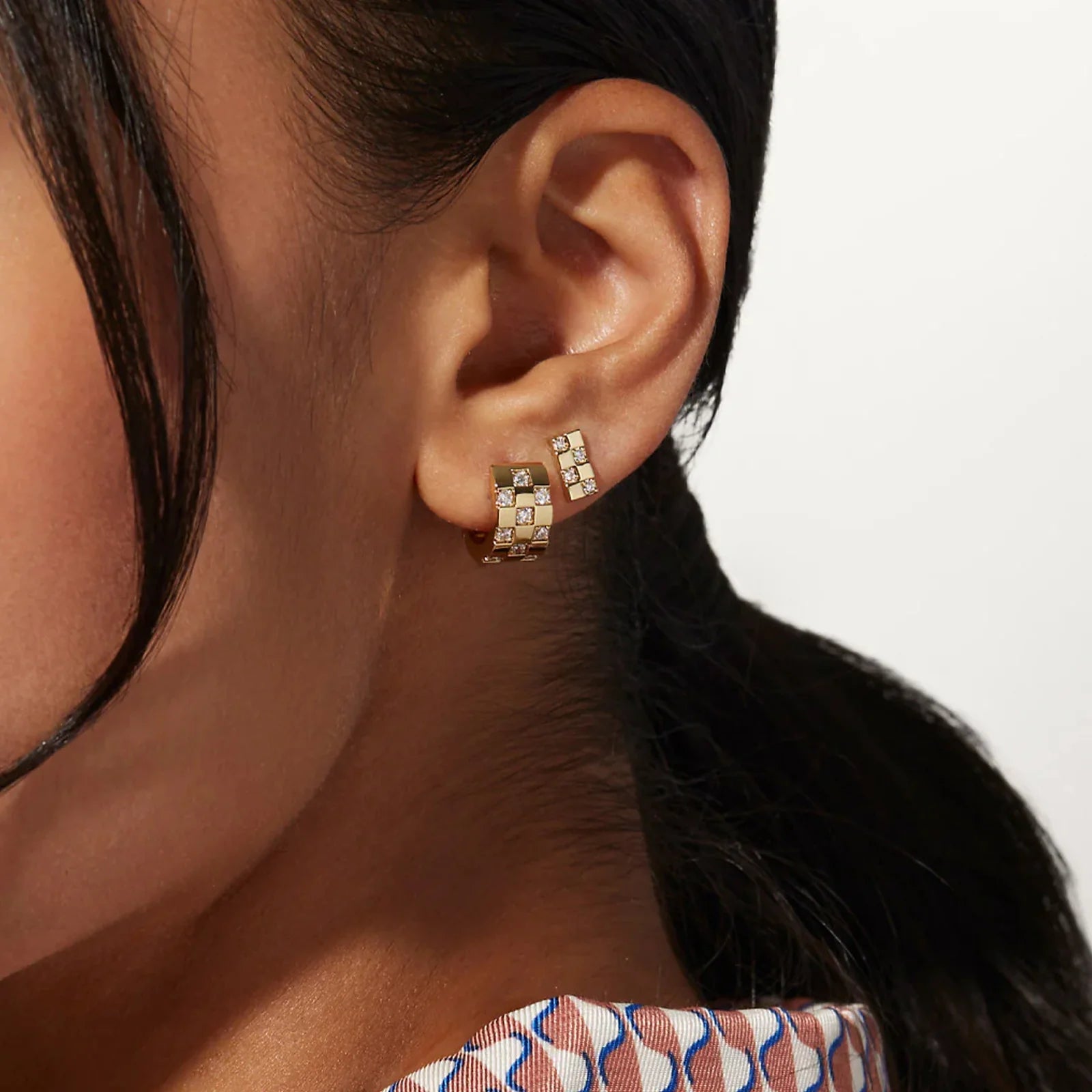 Wide Checker Hoop Huggie Earrings