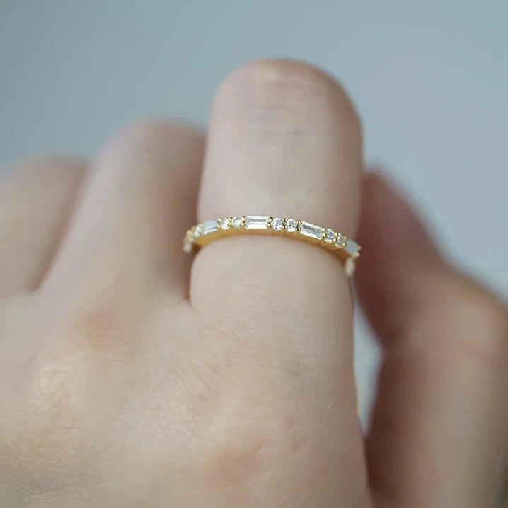 LIVA | Elongated Emerald Cut Baguette Moissanite Band | Half Eternity Ring