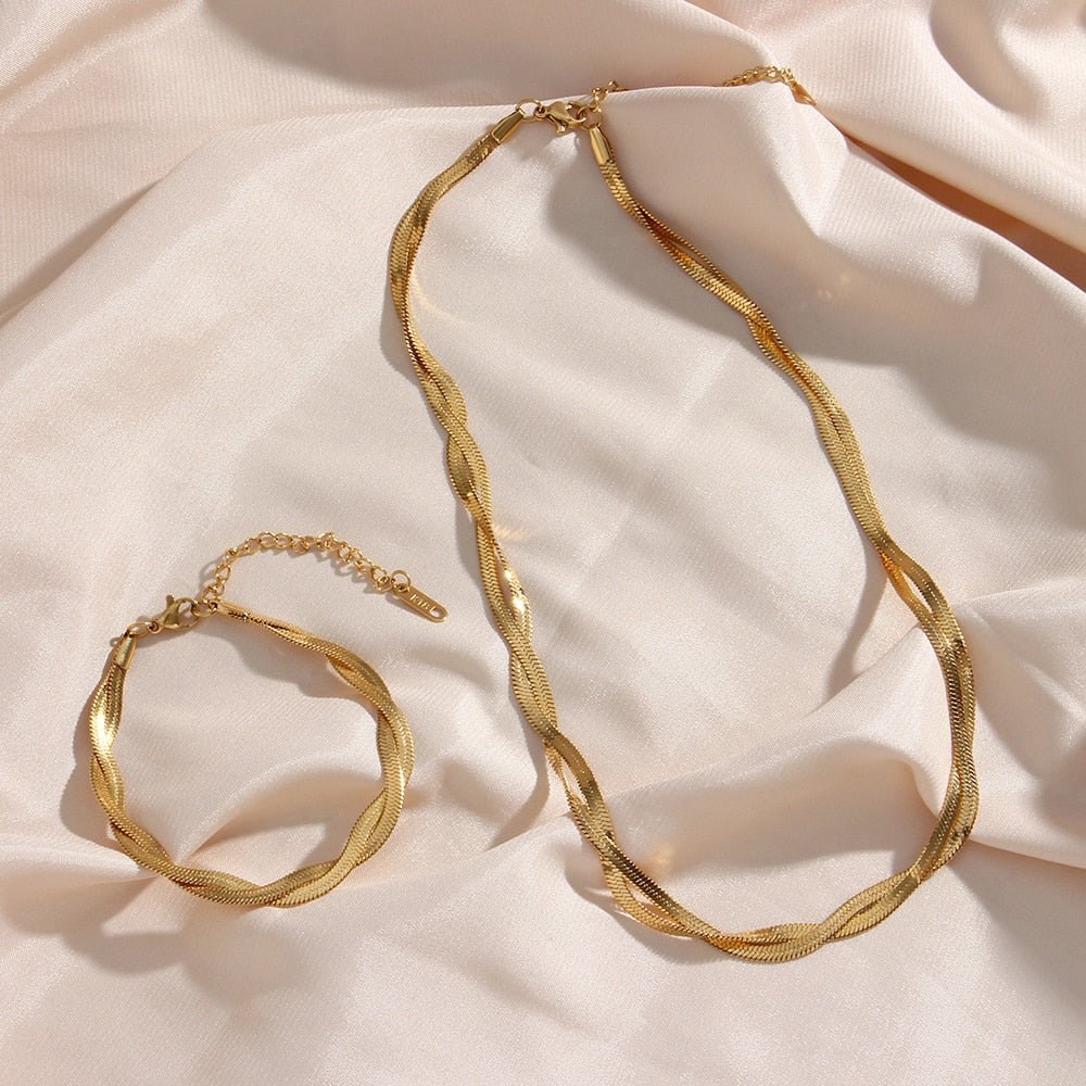Braided Herringbone Chain Necklace & Bracelets Set - 14K Gold Plated - Kalyn & Co.