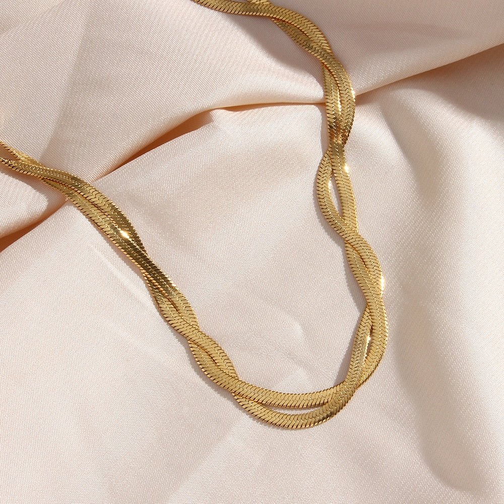 Braided Herringbone Chain Necklace & Bracelets Set - 14K Gold Plated - Kalyn & Co.