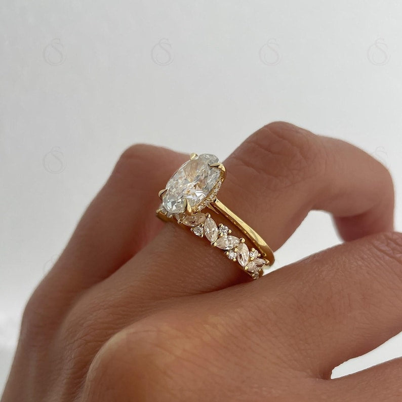 CELAENA | Bridal Set - Oval Cut 3 Carat Moissanite Ring with Pave Marquise Eternity Band