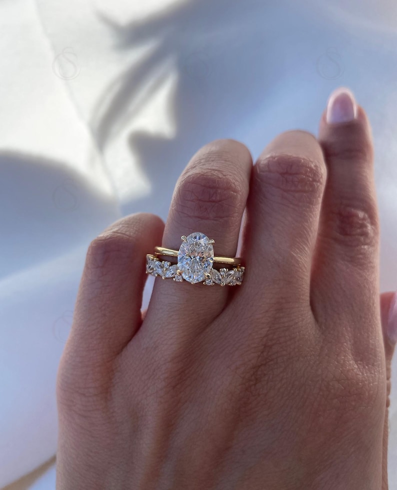 CELAENA | Bridal Set - Oval Cut 3 Carat Moissanite Ring with Pave Marquise Eternity Band