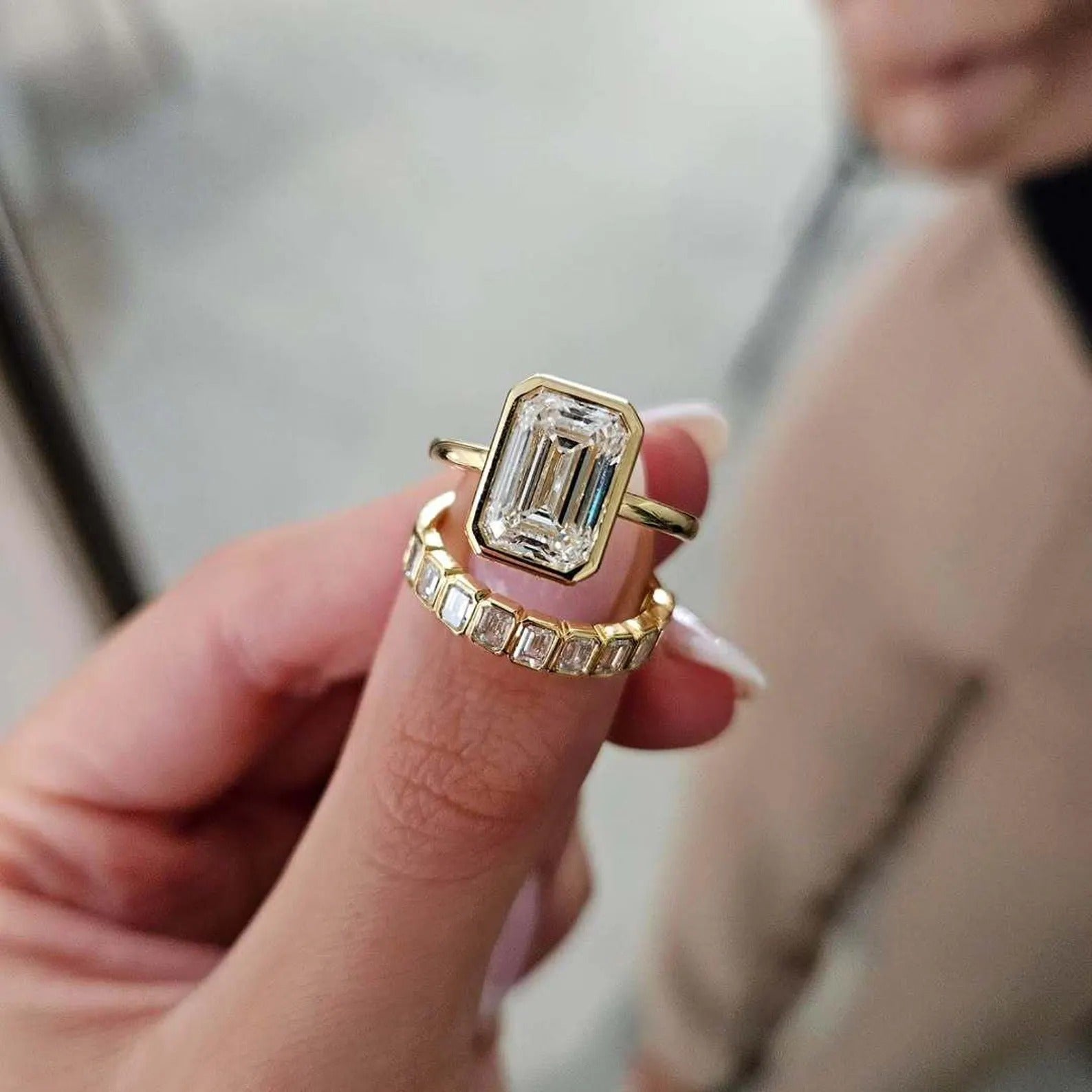 GEMMA | 3.50 CT Emerald Cut Bezel Moissanite Engagement Ring Set with Half Eternity Emerald Bezel Band