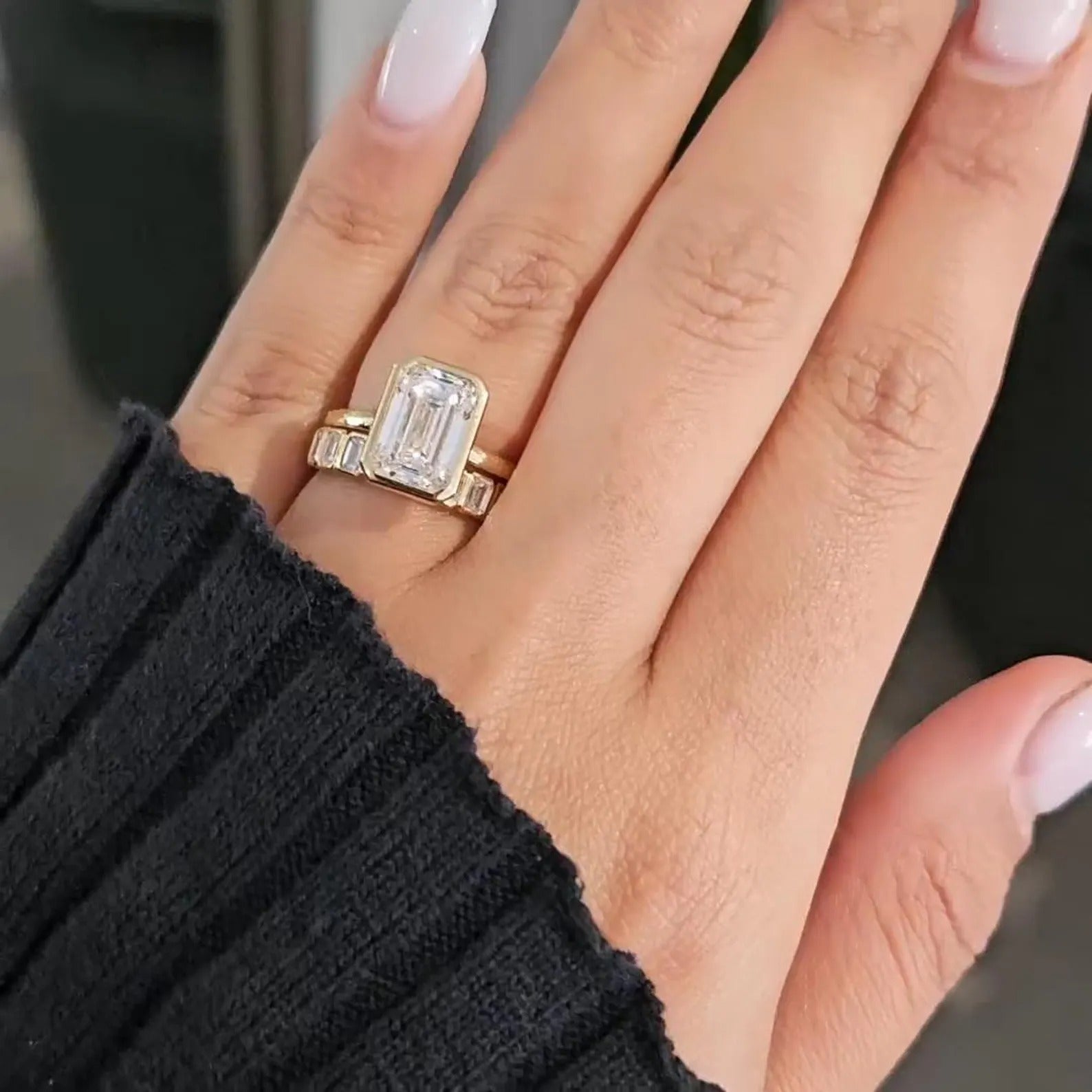 GEMMA | 3.50 CT Emerald Cut Bezel Moissanite Engagement Ring Set with Half Eternity Emerald Bezel Band