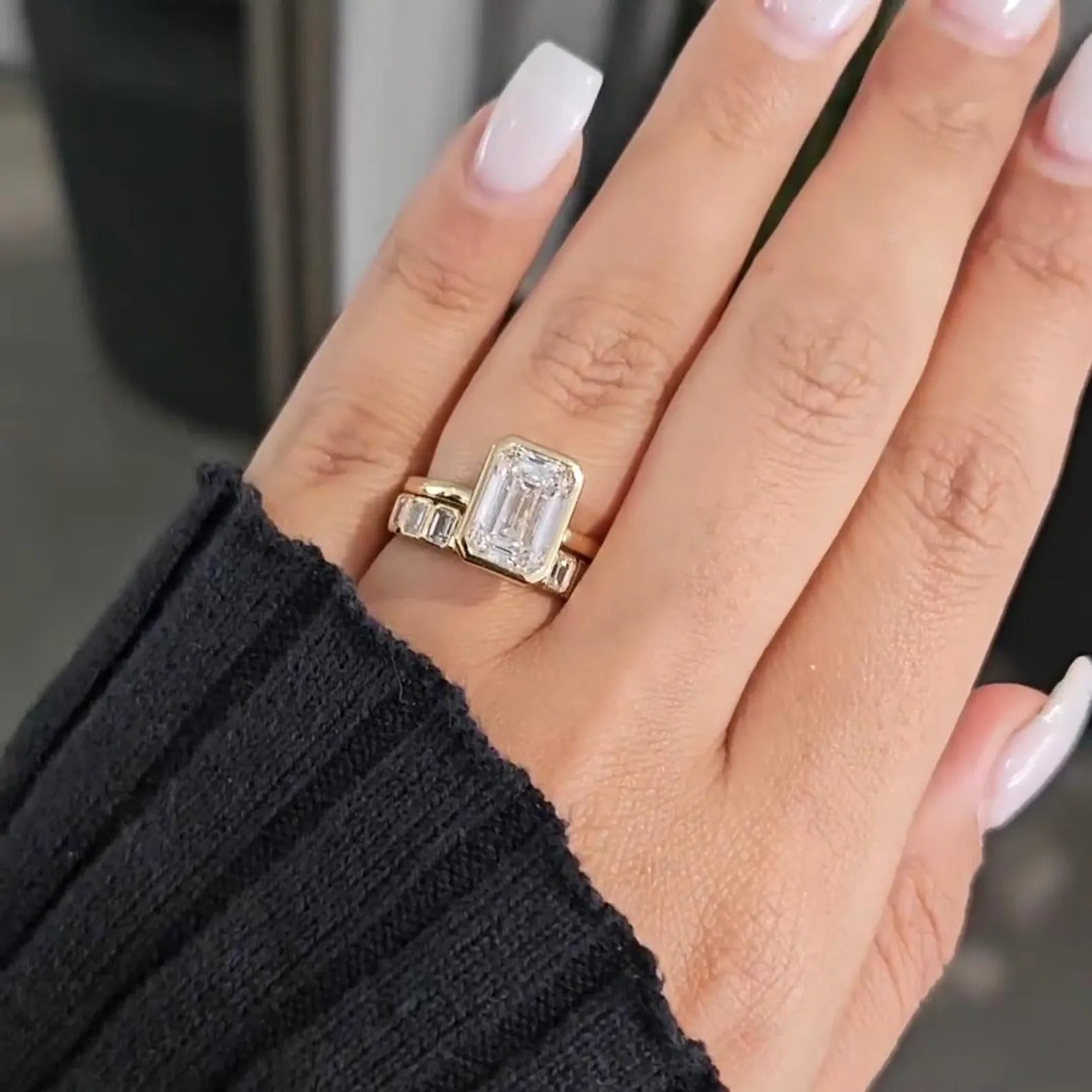 GEMMA | 3.50 CT Emerald Cut Bezel Moissanite Engagement Ring Set with Half Eternity Emerald Bezel Band
