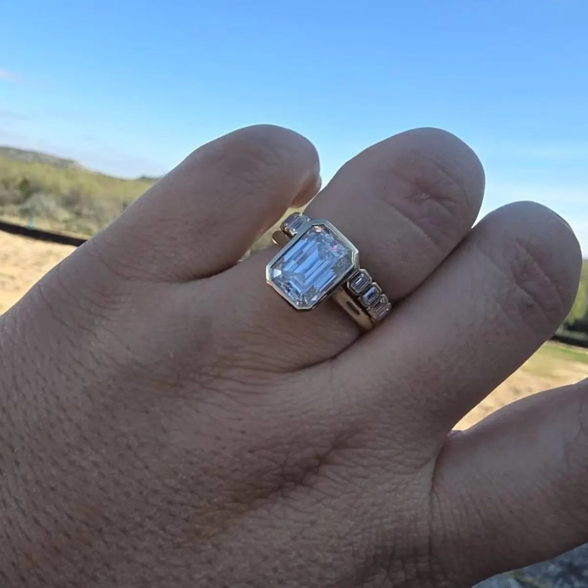 GEMMA | 3.50 CT Emerald Cut Bezel Moissanite Engagement Ring Set with Half Eternity Emerald Bezel Band