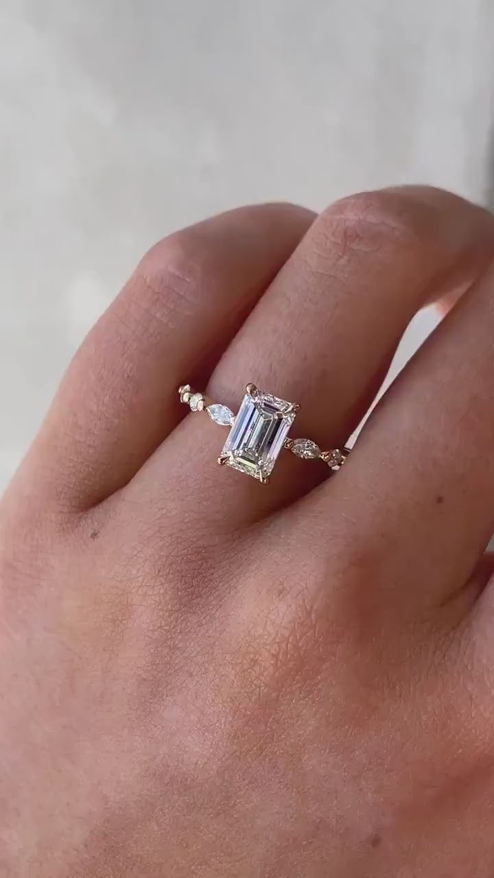 close up of Emerald Cut Moissanite Ring 14K Gold Pave Set Engagement Ring