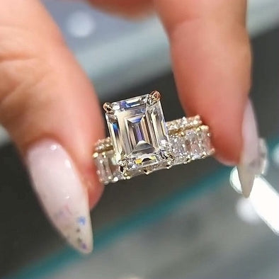 Solveag | Bridal Set - Emerald Cut 6 Carat Moissanite Ring with Pave Eternity Band