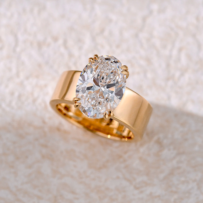 TORUNN | 2.5 Carat Crushed Ice Oval Cut | 14k Yellow Gold Cigar Band 6mm Flat Solitaire