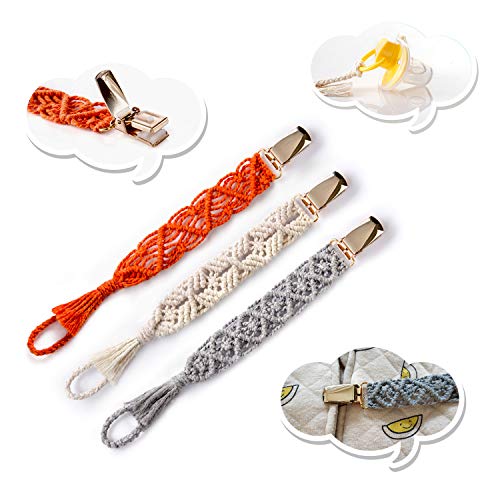 Boho Baby Macrame Pacifier Clips, 3 Pack Braided Soother Clip or Teething Ring Holder