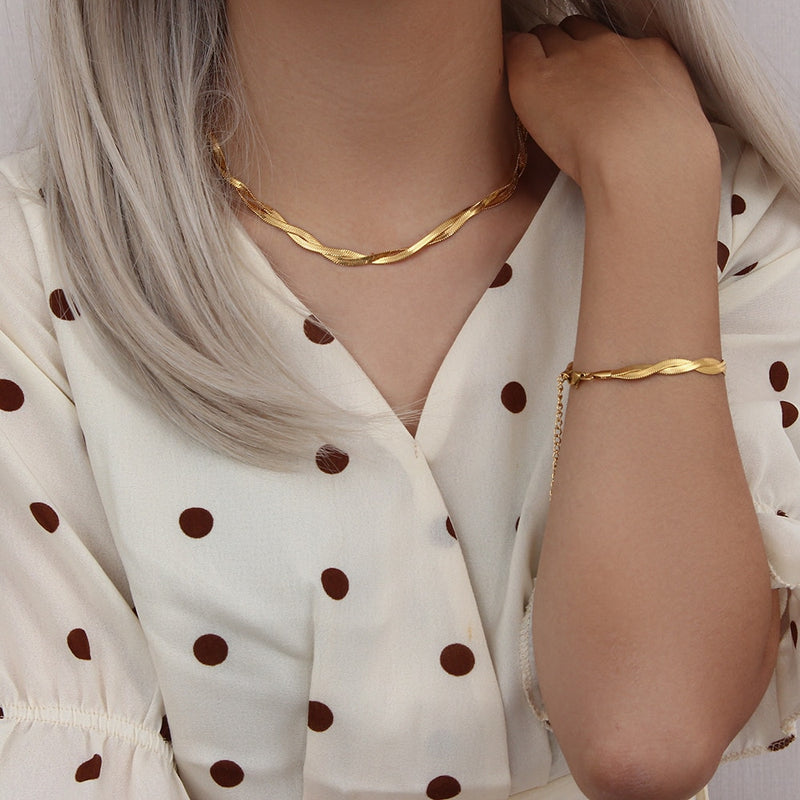 Braided Herringbone Chain Necklace & Bracelets Set - 14K Gold Plated