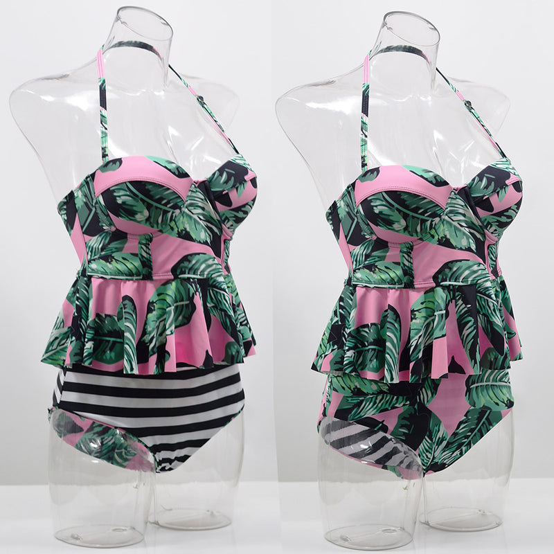 High Waisted Tankini Palm Leaf Floral Two Piece  Swimsuit - Kalyn's Finds